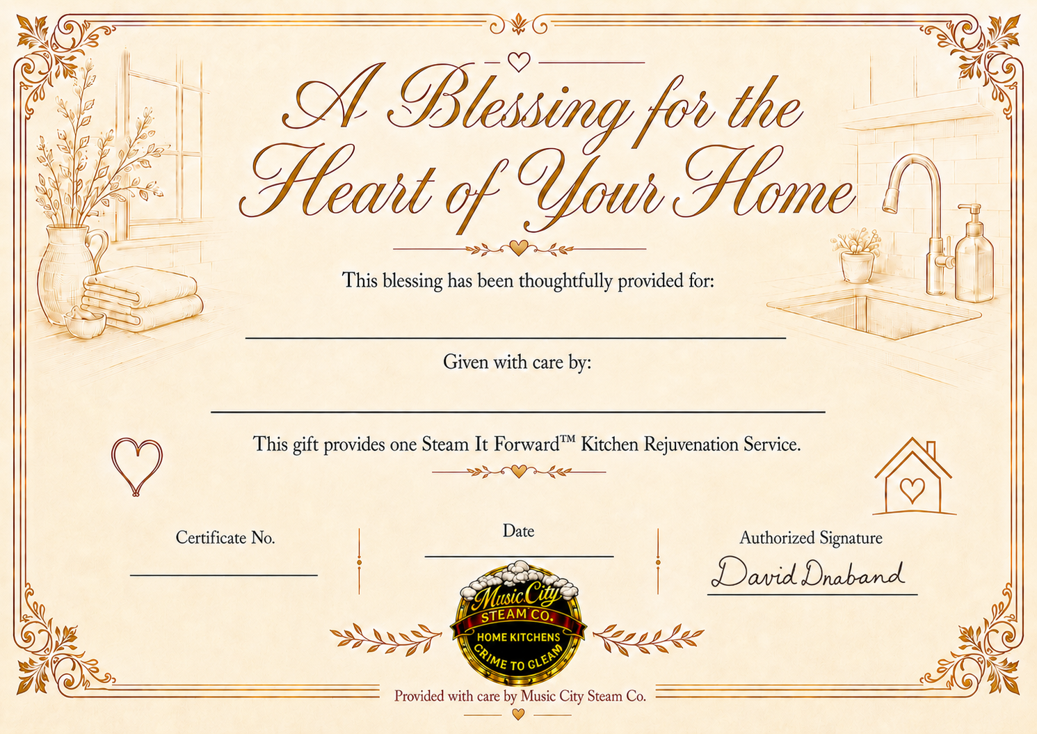 Sample Steam It Forward Gift Blessing — elegant gold and cream design with ornamental borders